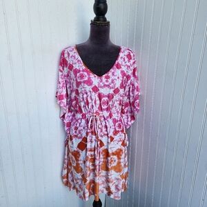 Linea Donatella Womens Swim Cover Up Dress Pink Orange Floral Drawstring Sz M